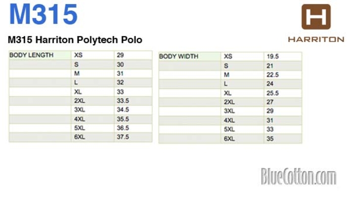 Size chart for a M315 Harriton Polytech Polo