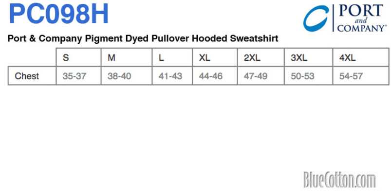 Size chart for a PC098H Port & Company Pigment Dyed Pullover Hooded Sweatshirt