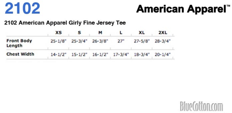 Size chart for a 2102 American Apparel Girly Fine Jersey Tee