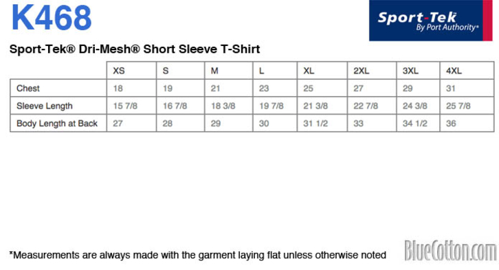 Size chart for a K468 Sport-Tek Dri-Mesh Tee