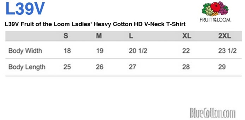 Size chart for a L39V Fruit of the Loom Ladies' Heavy Cotton HD V-Neck T-Shirt