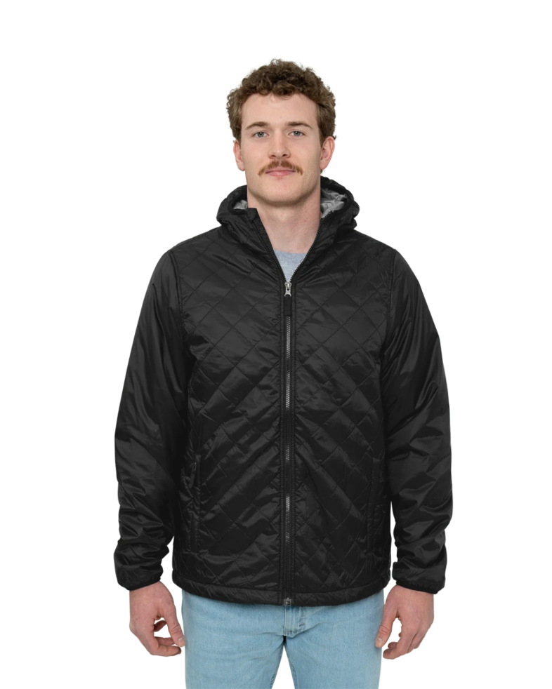 Image of a model wearing a 9245 Charles River Men's Lithium Quilted Hooded Jacket