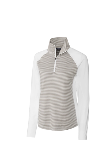 Model wearing a LCK00068 Cutter & Buck Forge Tonal Stripe Stretch Half Zip Womens Top