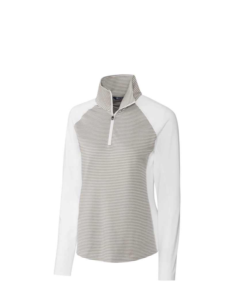 Image of a model wearing a LCK00068 Cutter & Buck Forge Tonal Stripe Stretch Half Zip Womens Top