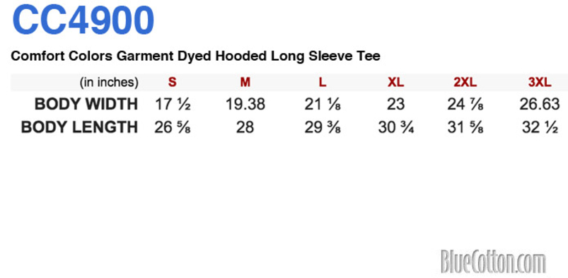 Size chart for a CC4900 Comfort Colors Garment Dyed Hooded Long Sleeve Tee