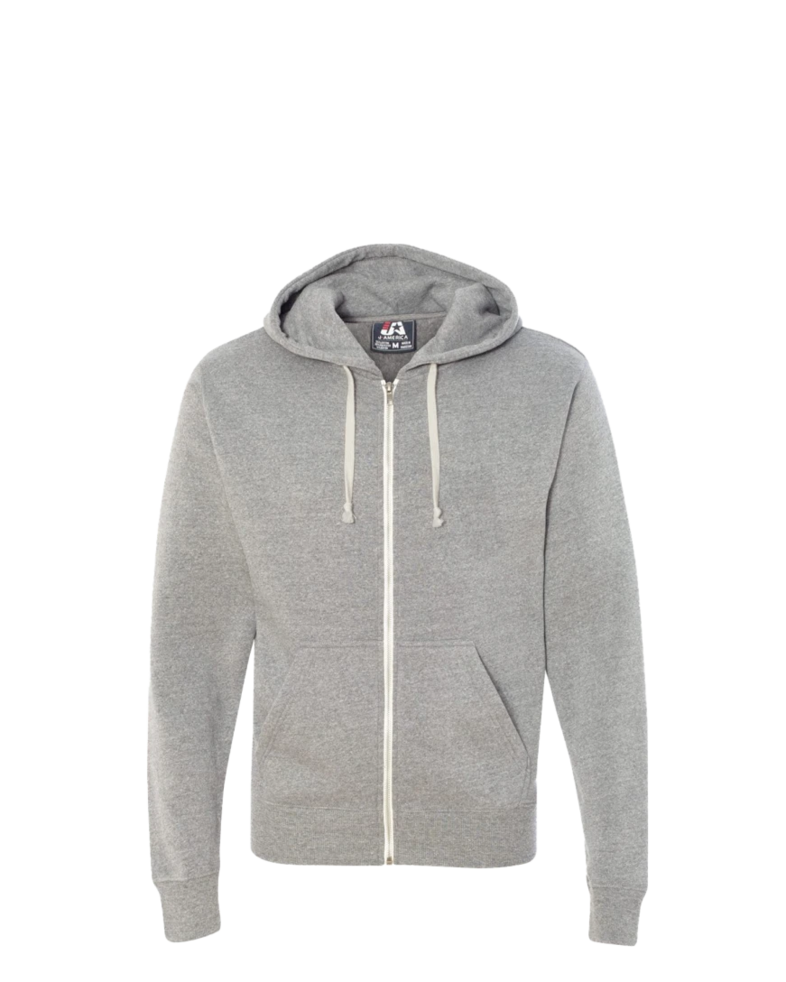 Image of a model wearing a 8872 J. America Tri-Blend Hooded Full-Zip Sweatshirt