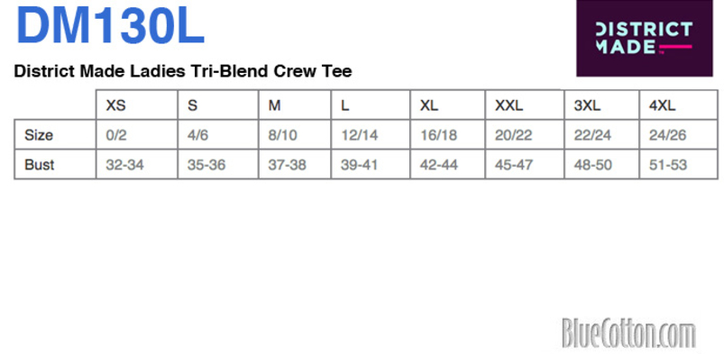 Size chart for a DM130L District Ladies Perfect Tri-Blend Crew Tee