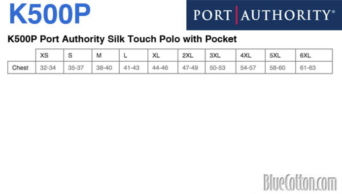 Size chart for a K500P Port Authority Silk Touch Polo with Pocket