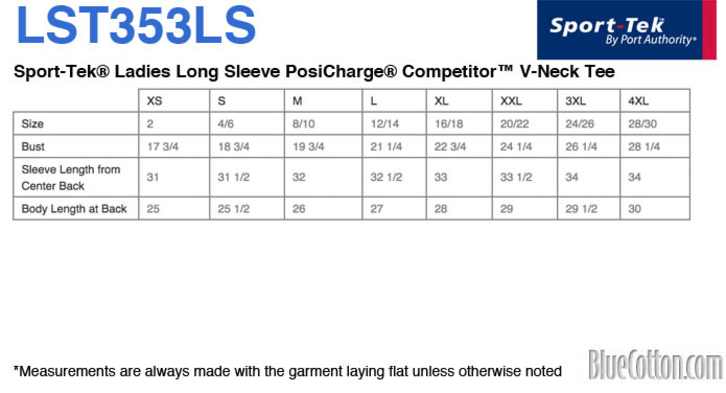 Size chart for a LST353LS Sport-Tek Ladies Long Sleeve V-Neck PosiCharge Competitor Tee