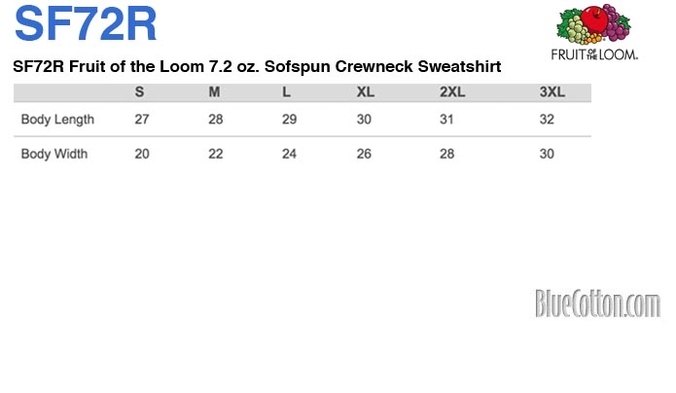 Size chart for a SF72R Fruit of the Loom 7.2 oz. Sofspun Crewneck Sweatshirt