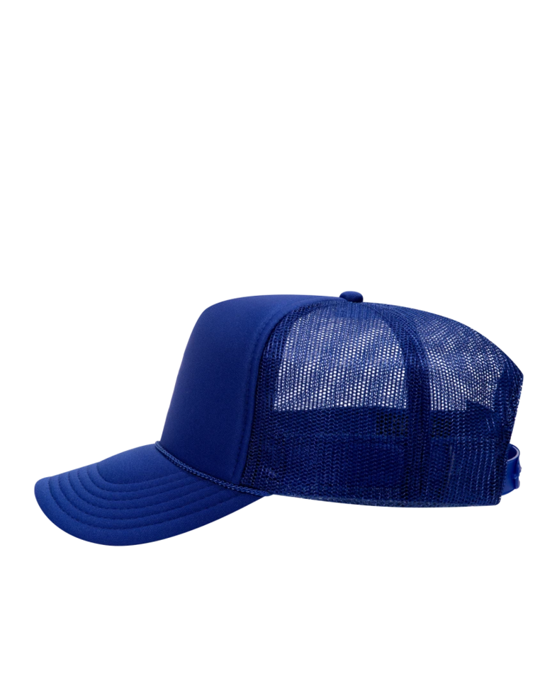 Image of a model wearing a 39-165 OTTO CAP 5 Panel High Crown Mesh Back Trucker Hat