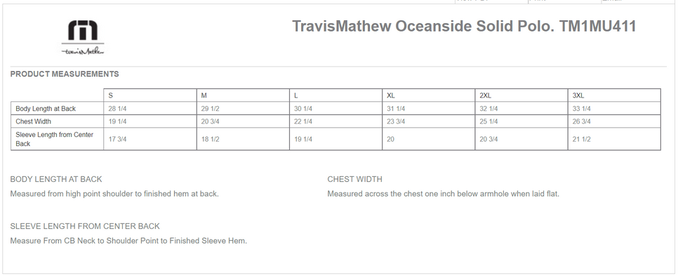 Size chart for a TM1MU411 TravisMathew Oceanside Solid Polo