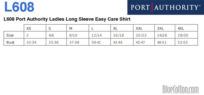 Size chart for a L608 Port Authority Ladies Long Sleeve Easy Care Shirt