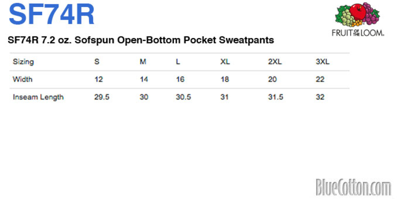 Size chart for a SF74R Fruit of the Loom 7.2 oz. Sofspun Open-Bottom Pocket Sweatpants