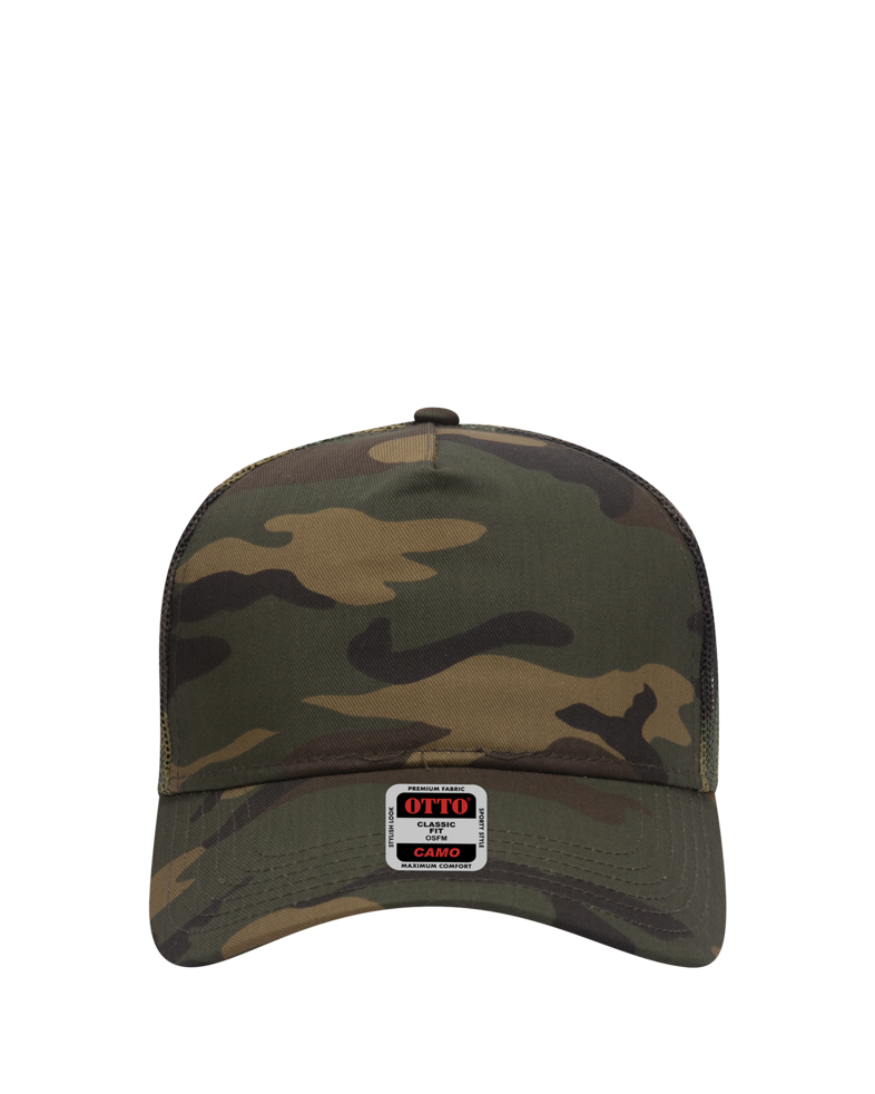 Image of a model wearing a 47-049 OTTO CAP Camouflage 5 Panel Mid Profile Mesh Back Trucker Hat