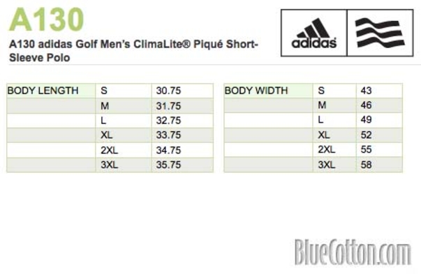 Size chart for a A130 adidas Golf ClimaLite Pique Short-Sleeve Polo