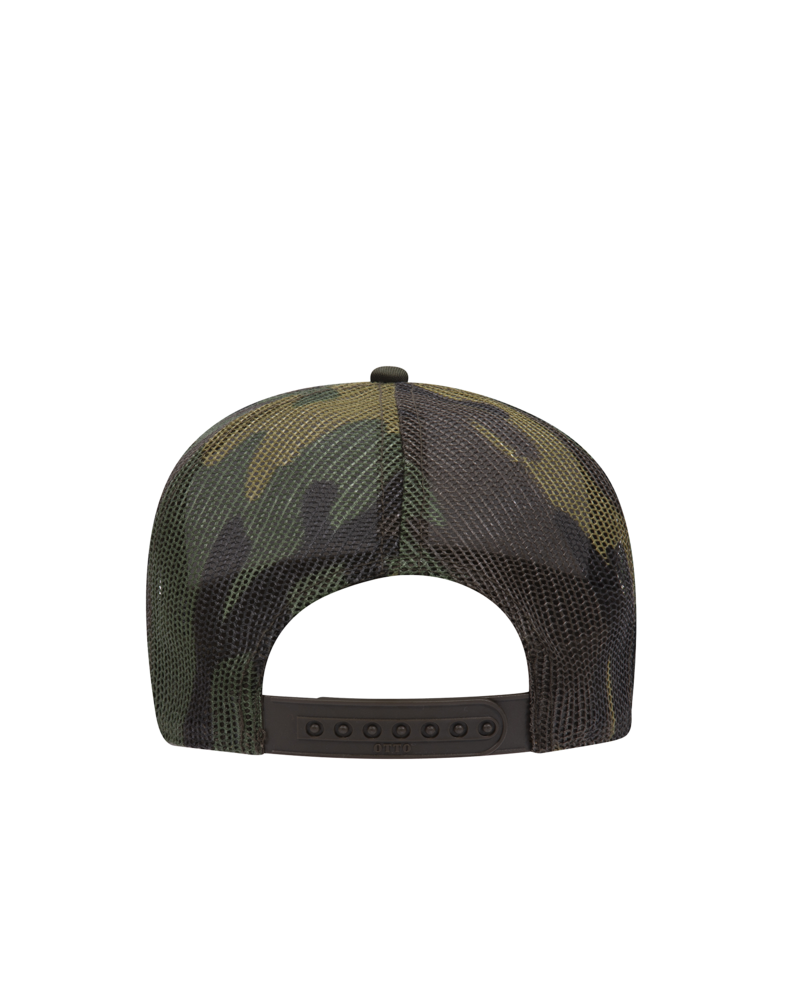Image of a model wearing a 47-049 OTTO CAP Camouflage 5 Panel Mid Profile Mesh Back Trucker Hat