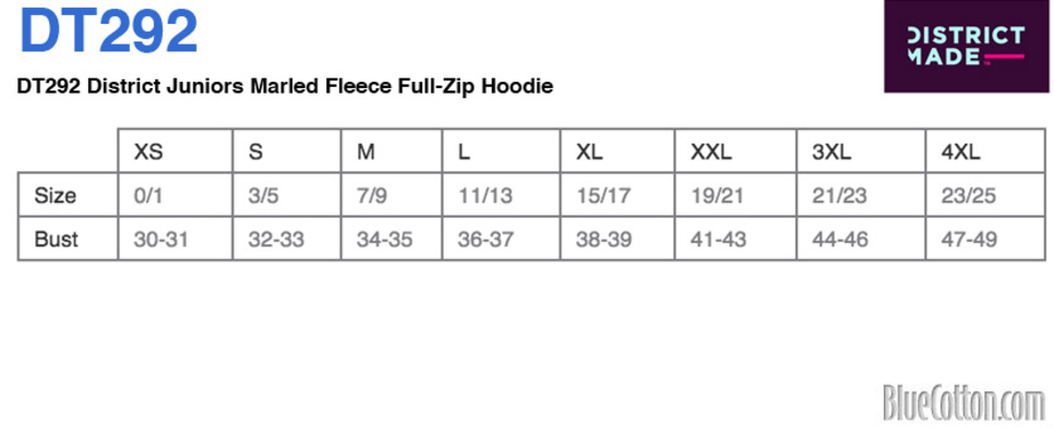 Size chart for a DT292 District Juniors Marled Fleece Full-Zip Hoodie
