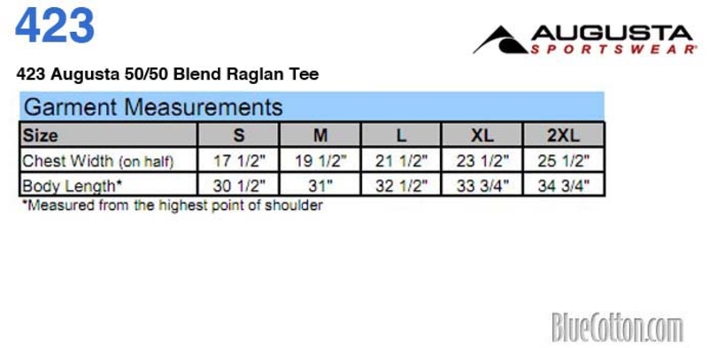 Size chart for a 423 Augusta 50/50 Blend Raglan Tee