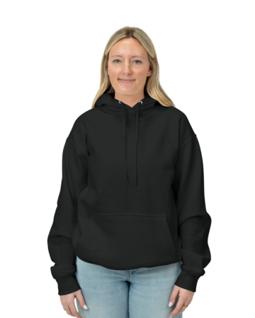 Model wearing a PC90H Port & Company Essential Fleece Pullover Hooded Sweatshirt