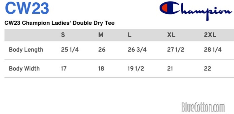 Size chart for a CW23 Champion Ladies' Double Dry Tee