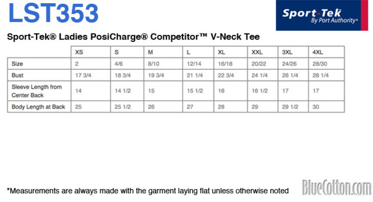 Size chart for a LST353 Sport-Tek Ladies Vneck short sleeve PosiCharge Competitor