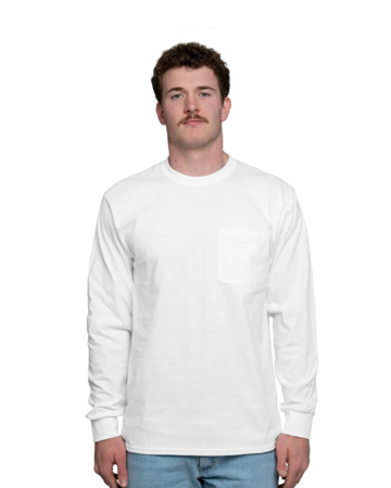 Model wearing a PC61LSP Port & Company Long Sleeve Pocket Tee