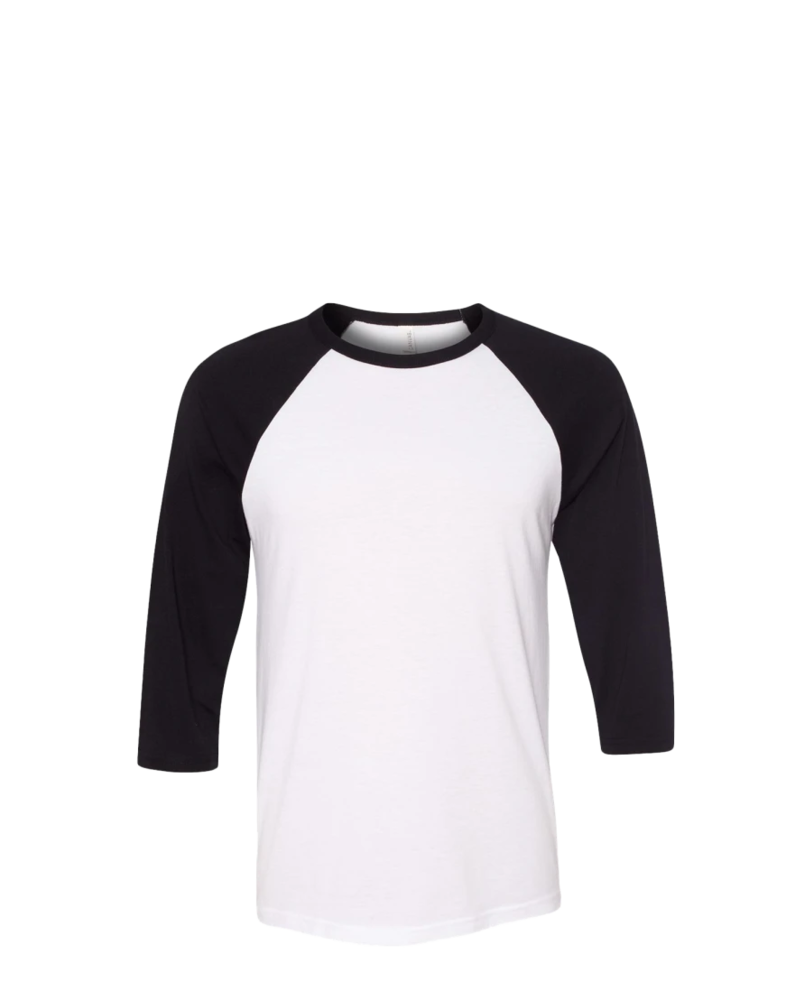 Image of a model wearing a 3200 Bella + Canvas Unisex Three-Quarter Sleeve Baseball T-Shirt