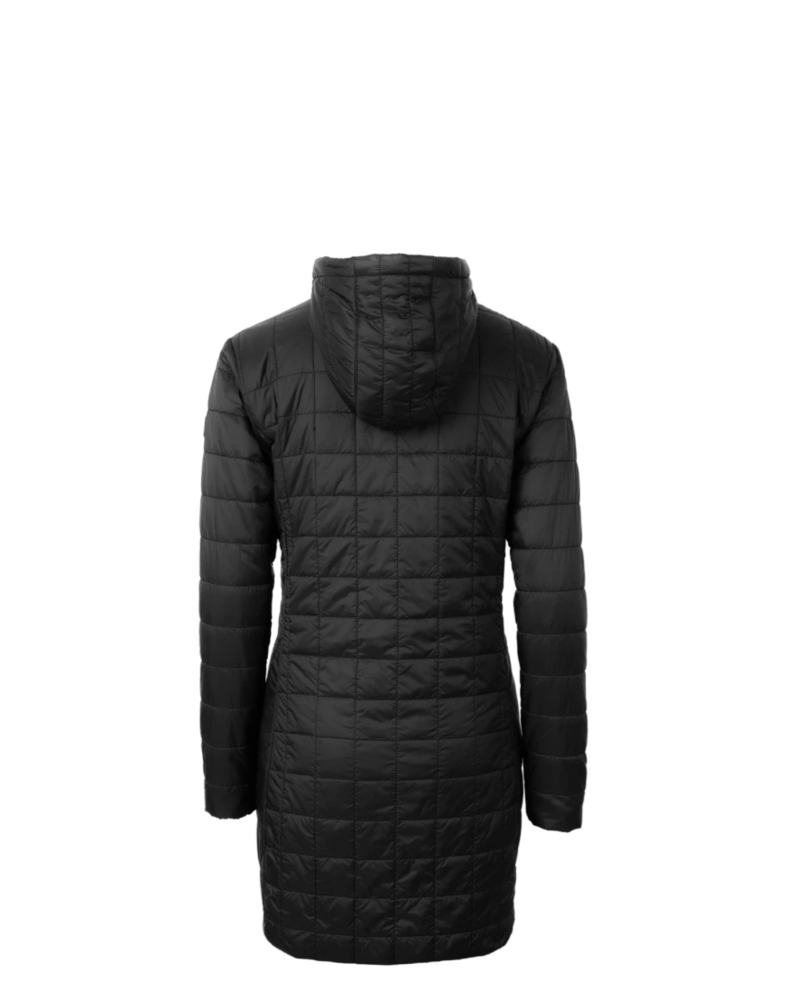 Image of a model wearing a LCO00024 Cutter & Buck Rainier PrimaLoft® Womens Eco Insulated Hooded Long Coat