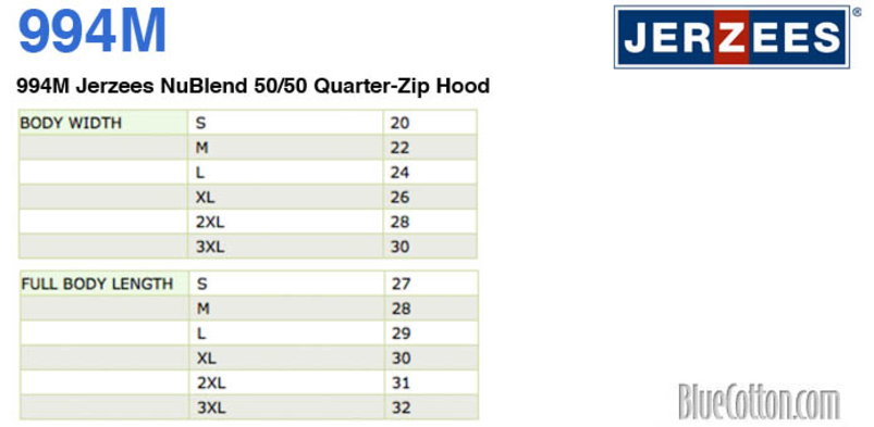 Size chart for a 994M Jerzees NuBlend 50/50 Quarter-Zip Hood