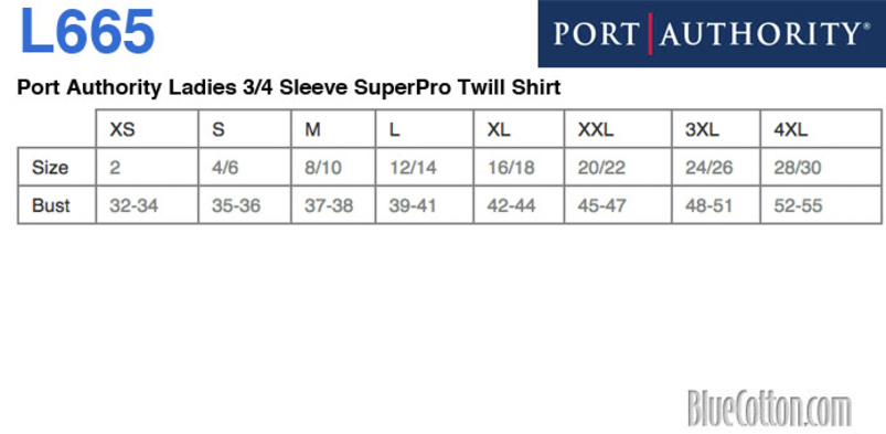 Size chart for a L665 Port Authority Ladies 3/4 Sleeve SuperPro Twill Shirt