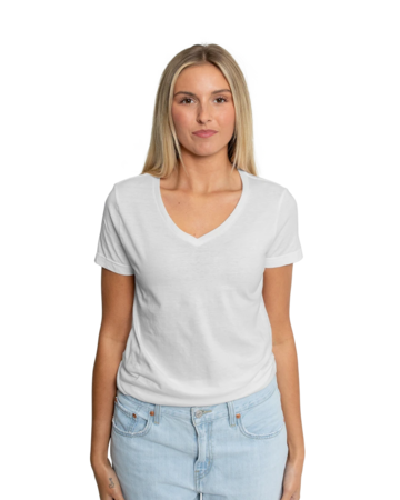 Model wearing a 64V00L Gildan Softstyle® Women’s V-Neck T-Shirt