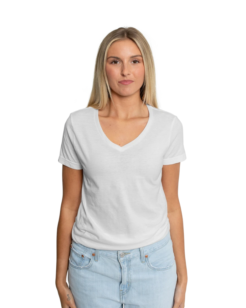 Image of a model wearing a 64V00L Gildan Softstyle® Women’s V-Neck T-Shirt
