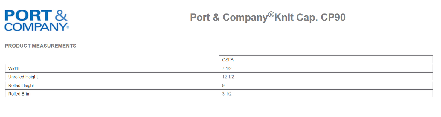 Size chart for a CP90 Port & Company Knit Cap