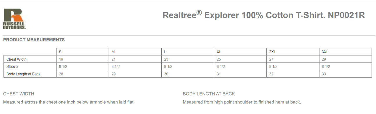 Size chart for a NP0021R Russell Outdoors Realtree Explorer 100% Cotton T-Shirt