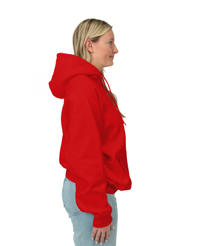 Image of a model wearing a PC90H Port & Company Essential Fleece Pullover Hooded Sweatshirt