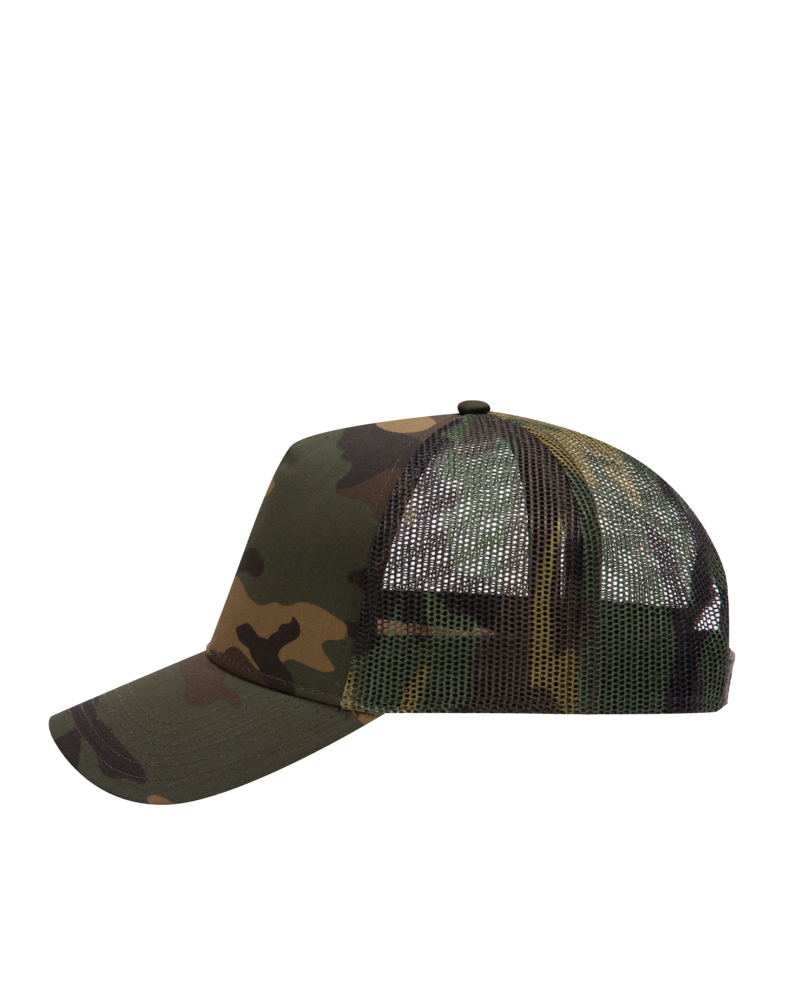 Image of a model wearing a 47-049 OTTO CAP Camouflage 5 Panel Mid Profile Mesh Back Trucker Hat