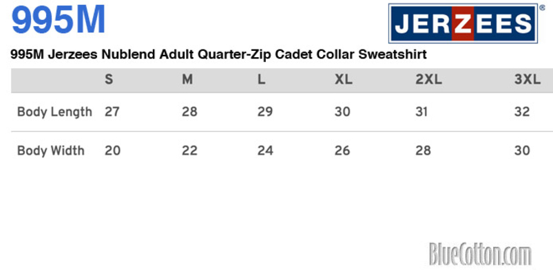 Size chart for a 995M Jerzees Nublend Adult Quarter-Zip Cadet Collar Sweatshirt