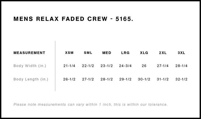 Size chart for a 5165 AS Colour Relax Faded Crew