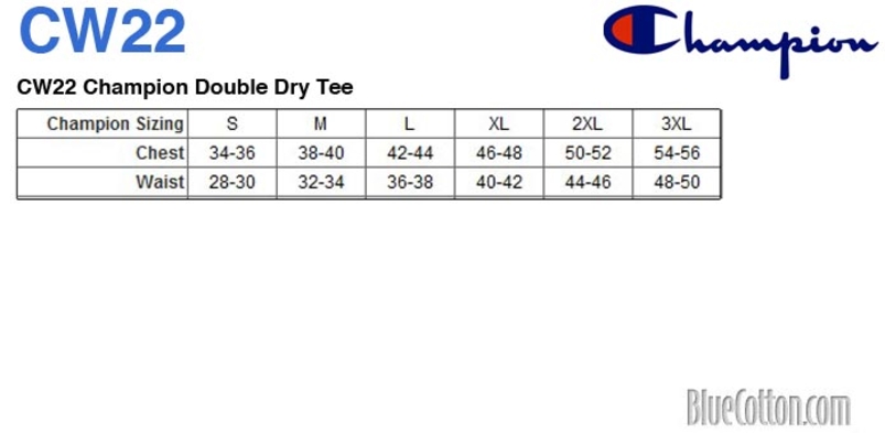 Size chart for a CW22 Champion Double Dry Tee