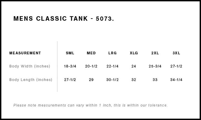 Size chart for a 5073 AS Colour Classic Tank