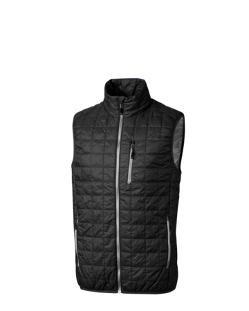 Model wearing a MCO00019 Cutter & Buck Rainier PrimaLoft® Mens Eco Insulated Full Zip Puffer Vest