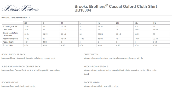 Size chart for a BB18004 Brooks Brothers® Casual Oxford Cloth Shirt