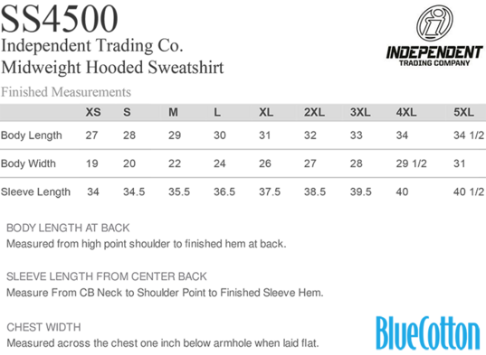 Size chart for a SS4500 Independent Trading Co. Midweight Hooded Sweatshirt