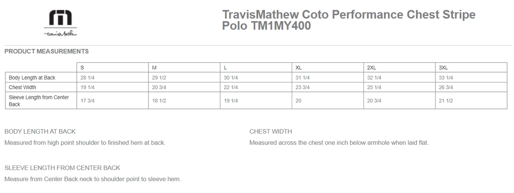 Size chart for a TM1MY400 TravisMathew Coto Performance Chest Stripe Polo