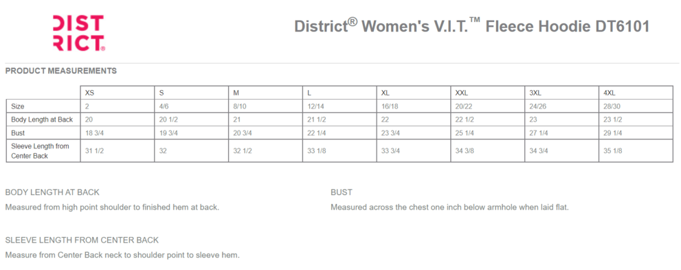 Size chart for a DT6101 District® Women’s V.I.T.™ Fleece Hoodie