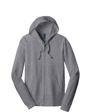 Model wearing a DT1100 District Young Mens Jersey Full-Zip T-shirt Hoodie