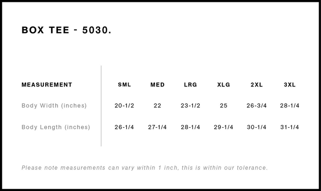 Size chart for a 5030 AS Colour Box Tee