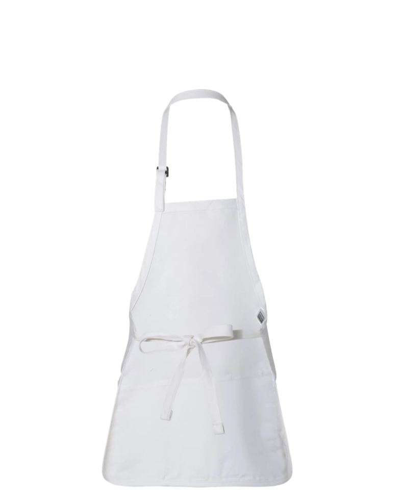 Image of a model wearing a Q4250 Q-Tees Medium-Length Apron with Pouch Pocket