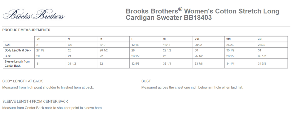 Size chart for a BB18403 Brooks Brothers® Women’s Cotton Stretch Long Cardigan Sweater